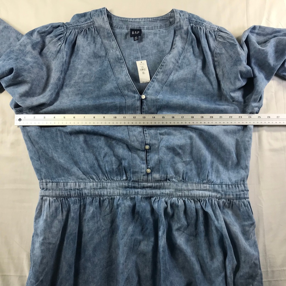 Gap Denim Midi Dress XXL Tall Blue Cotton V-Neck 3/4 Sleeve Elastic Waist NWT - Picture 3 of 6
